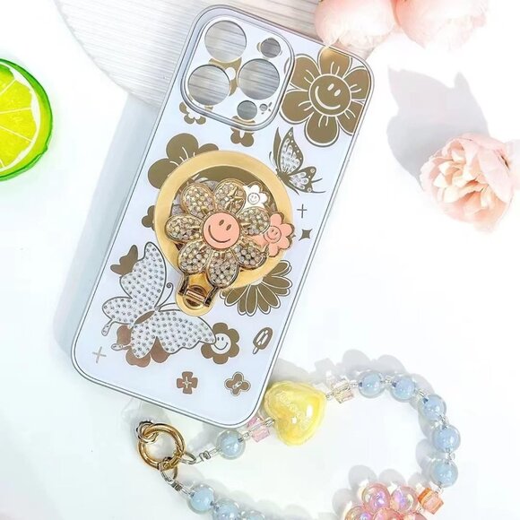 Iphone 16 Plus Pro Max Cute Sunflower Glitter Phone Case Strap Kickstand MagSafe - Picture 1 of 7